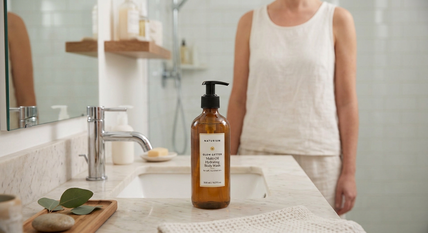 An amber bottle of Naturium body wash on a marble bathroom counter, with a woman and shower blurrily visible behind it.