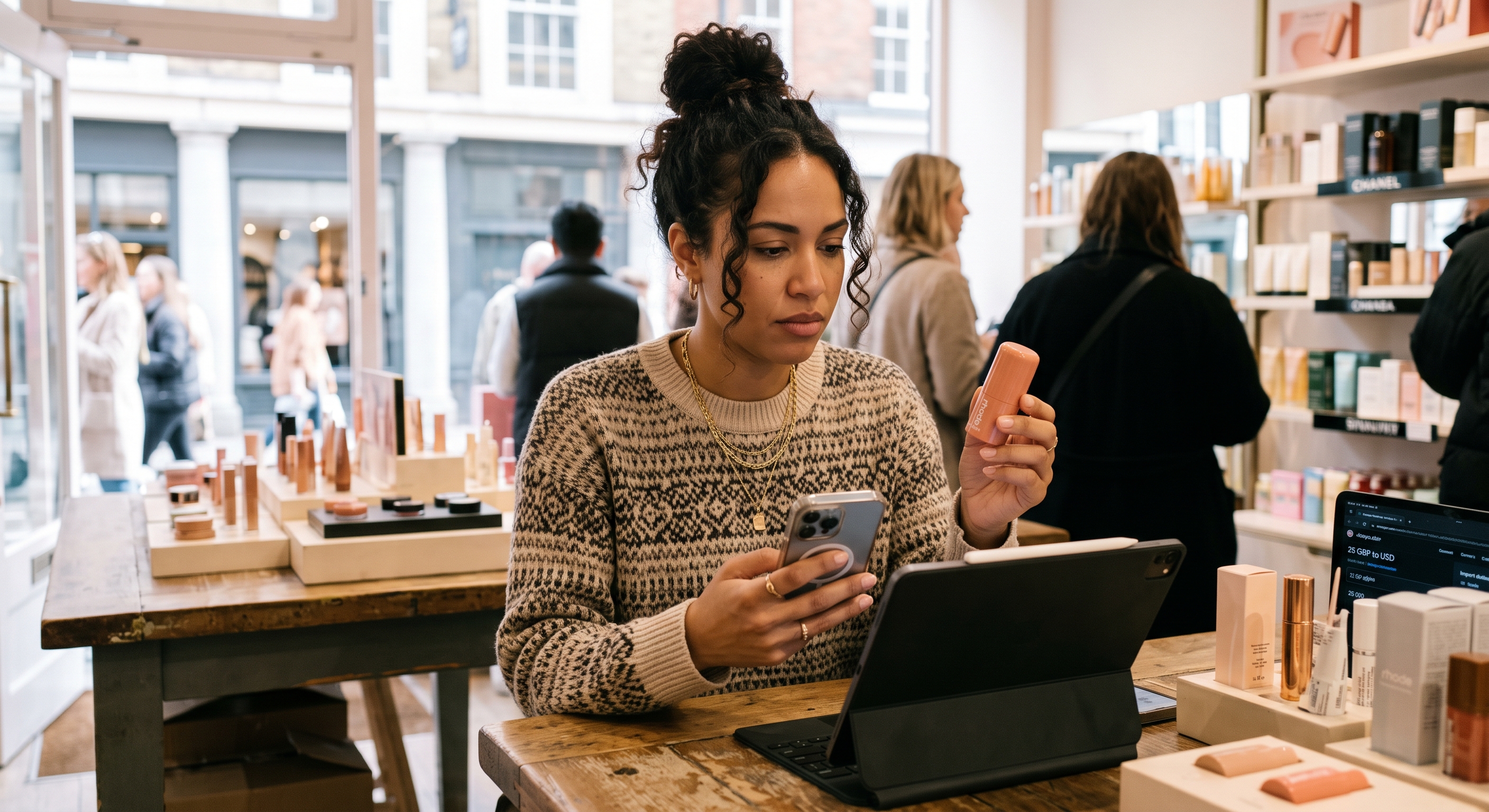 A woman in a beauty shop compares currency rates on her phone while holding a compact pink cream blush stick.