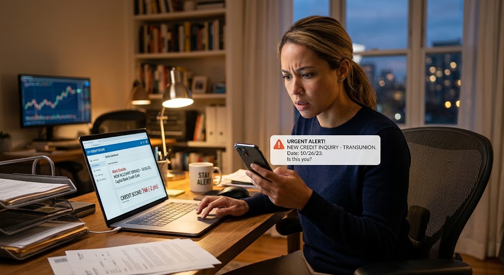 Woman looking concerned at a smartphone credit inquiry alert while sitting at a desk next to an open laptop.