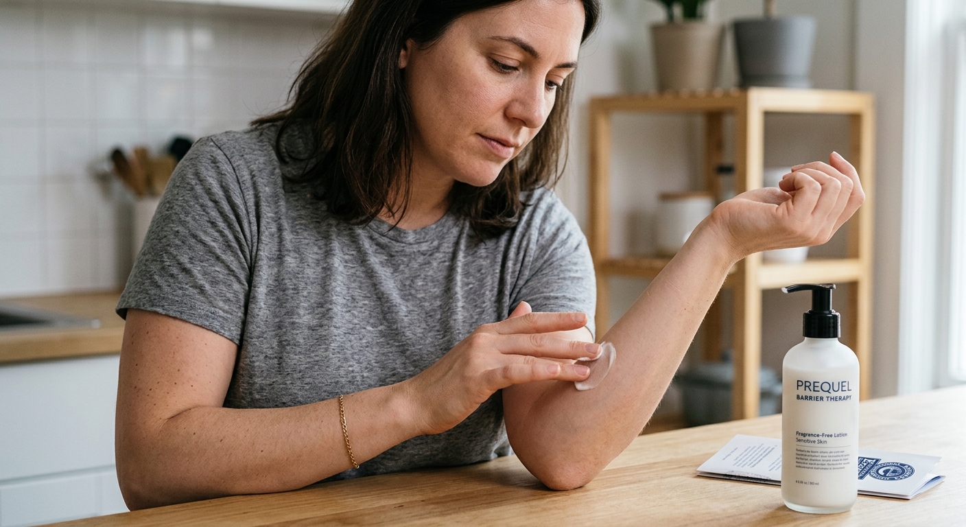A person sitting at a wooden table carefully applies Prequel Barrier Therapy lotion onto their forearm for a patch test.
