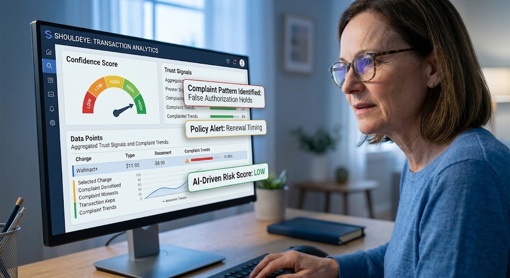 Woman analyzing ShouldEye dashboard displaying transaction risk scores, trust signals, and complaint trends.