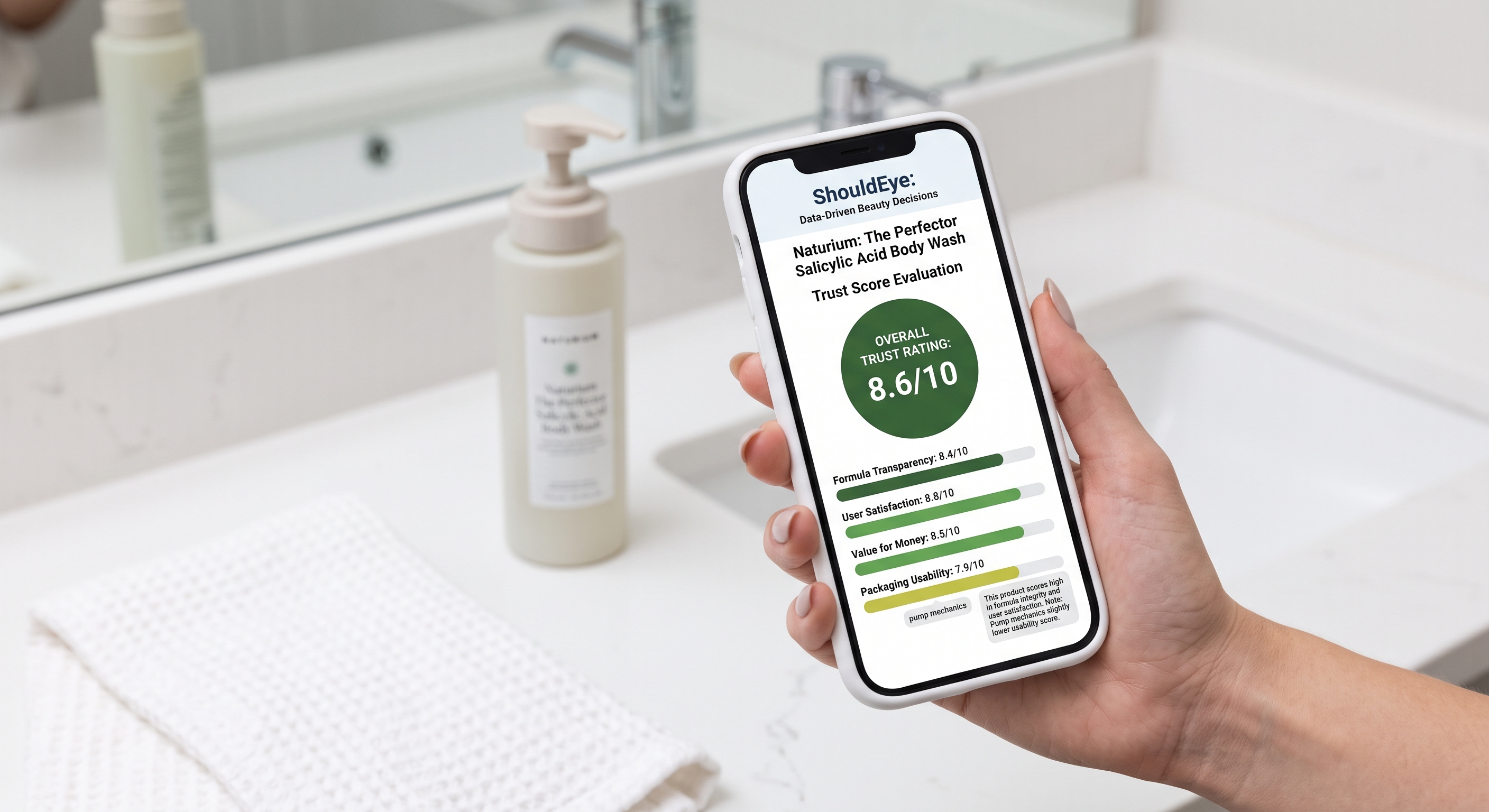 Hand holding a smartphone displaying the ShouldEye trust score evaluation for Naturium body wash in a bathroom.