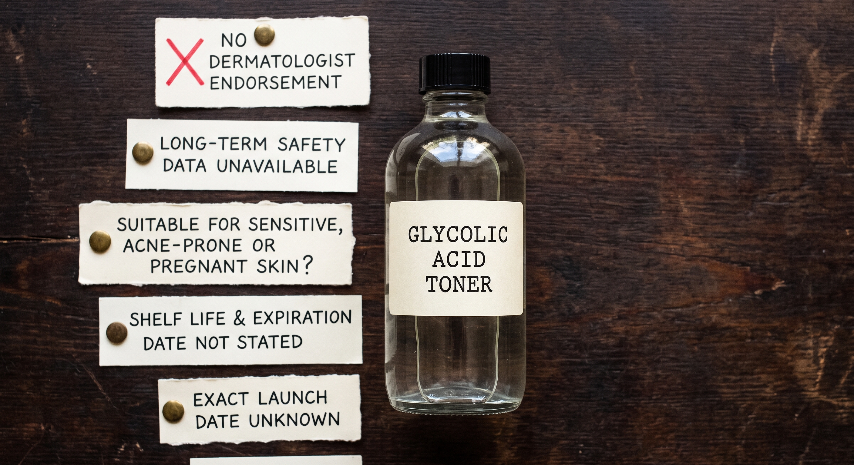 A bottle of glycolic acid toner sits next to small paper notes listing product red flags pinned to a dark wood surface.