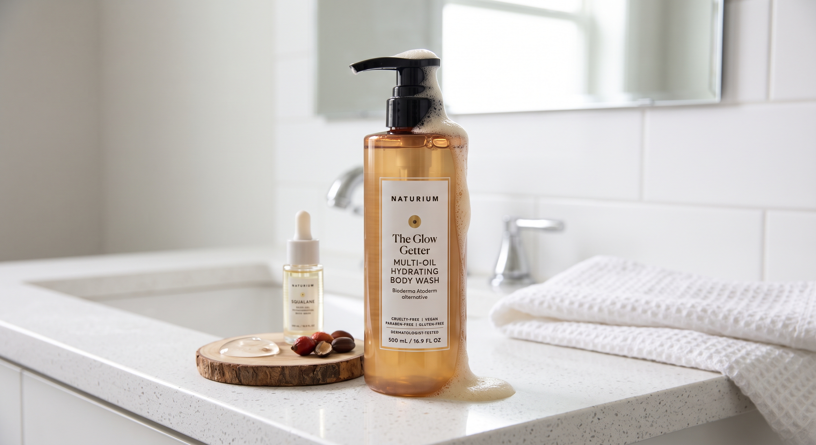 A 16.9 oz Naturium Glow Getter body wash bottle with foam lather sits on a bathroom counter next to ingredients and a towel.