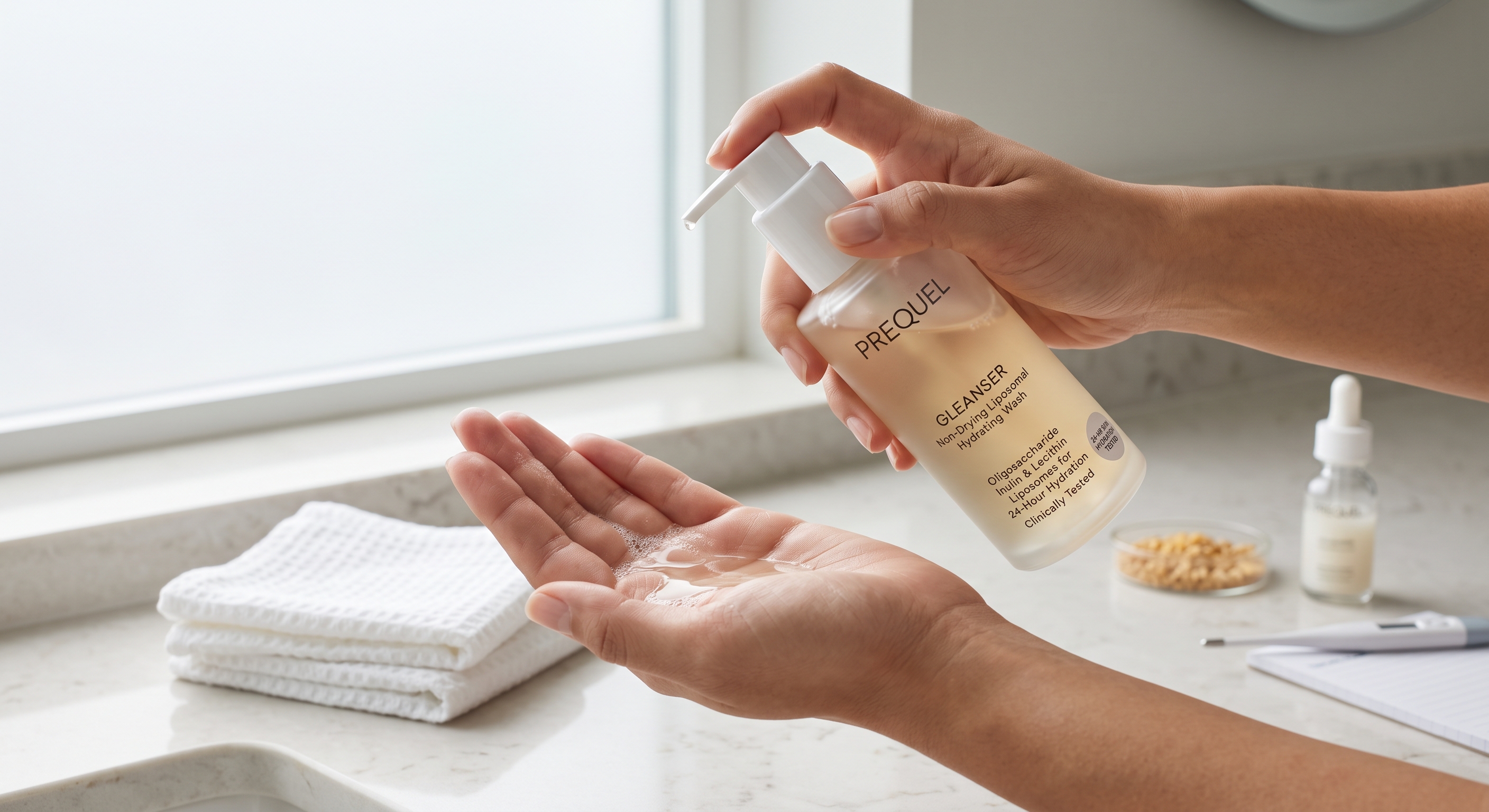 Hands dispensing Prequel Gleanser liquid face wash onto an open palm beside towels on a bright bathroom counter.
