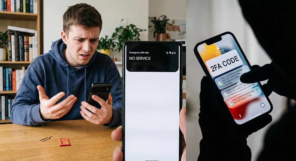 A confused man holds a phone displaying "No Service" while a shadowy figure intercepts incoming 2FA code notifications.