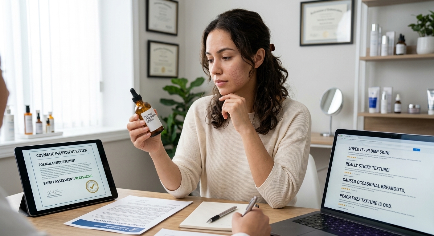 A woman reviews ShouldEye trust and risk scores for a cosmetic product on her laptop and phone, in a sunlit home office.