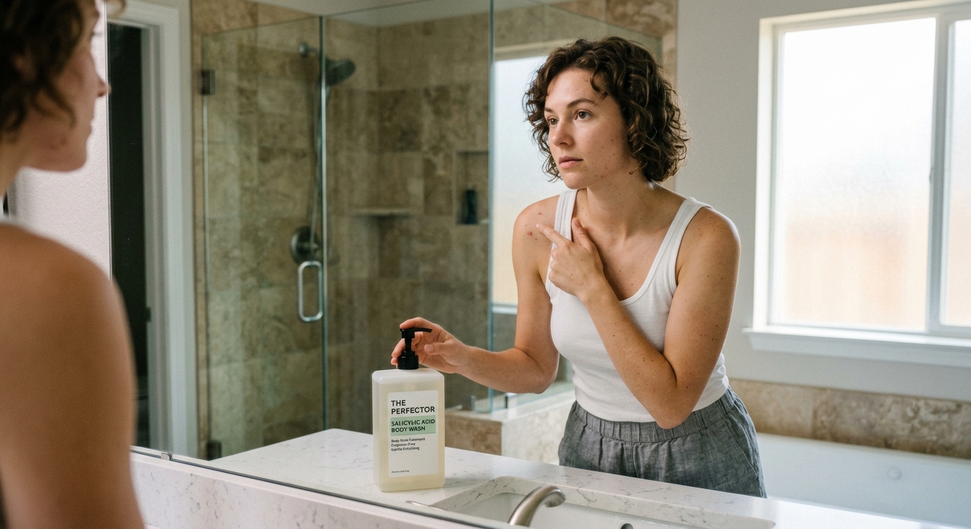A woman in a white tank top looks at shoulder blemishes in a bathroom mirror, holding a body wash bottle on the counter.