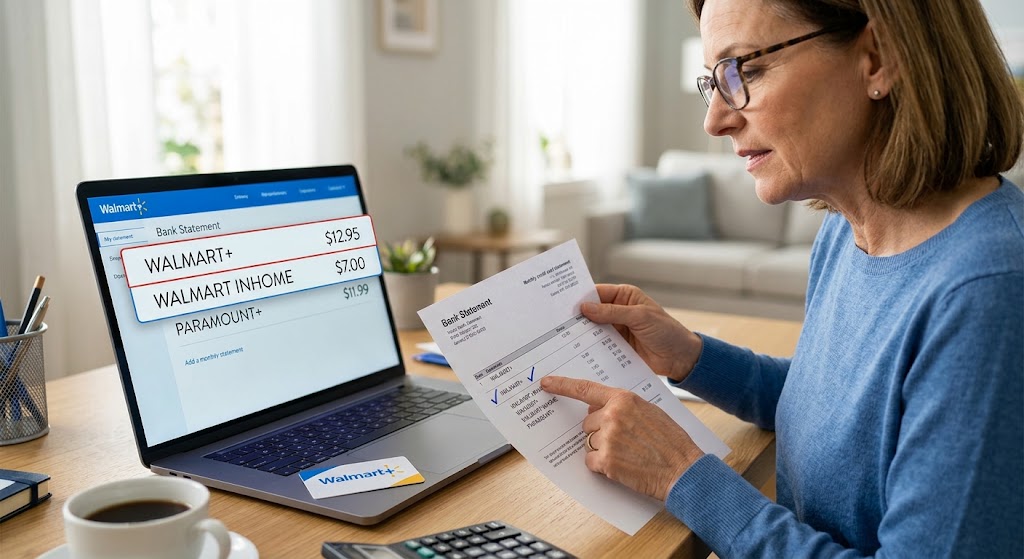 Woman reviewing bank statement on laptop showing separate charges for Walmart+, Walmart InHome, and Paramount+.