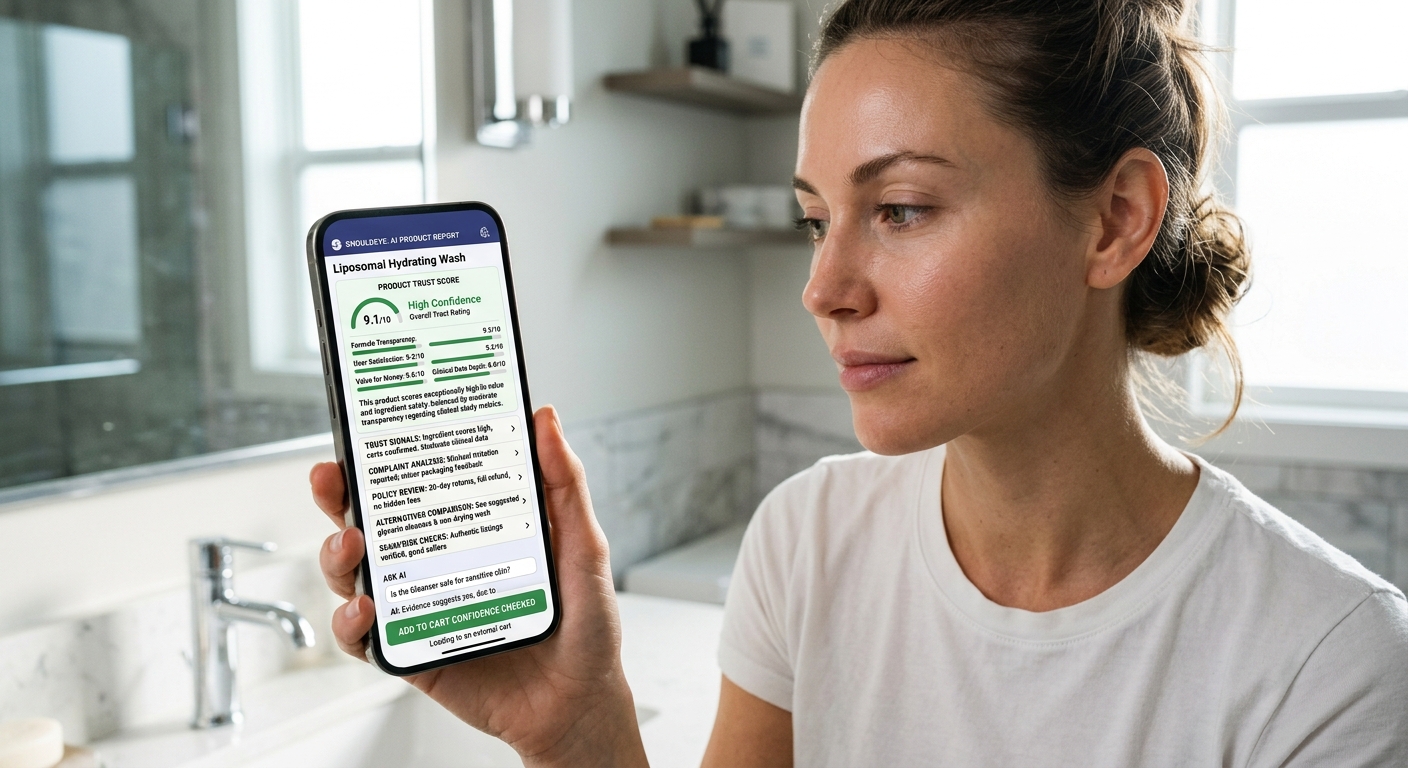 A woman in a bathroom holding a smartphone displaying a positive product report for Liposomal Hydrating Wash.