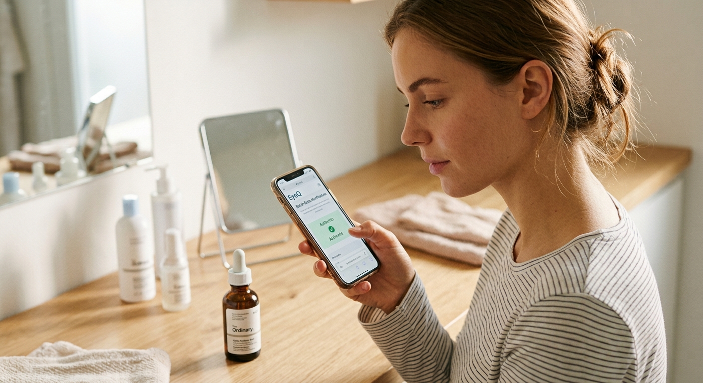 A woman with a bun looks at a smartphone, which shows an authenticity screen, while a bottle of serum stands nearby.