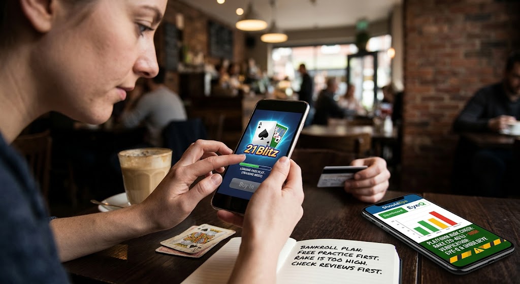 Person playing a 21 Blitz mobile card game while reviewing EyeQ and ShouldEye trust metrics on a second smartphone.