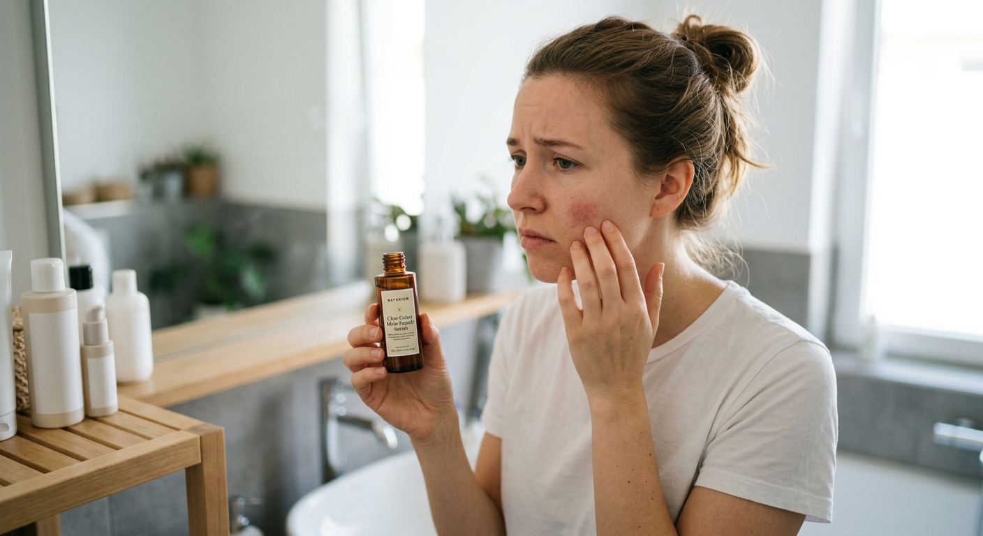 A woman looking in a bathroom mirror with concern, touching slight redness on her cheek while holding a serum bottle.