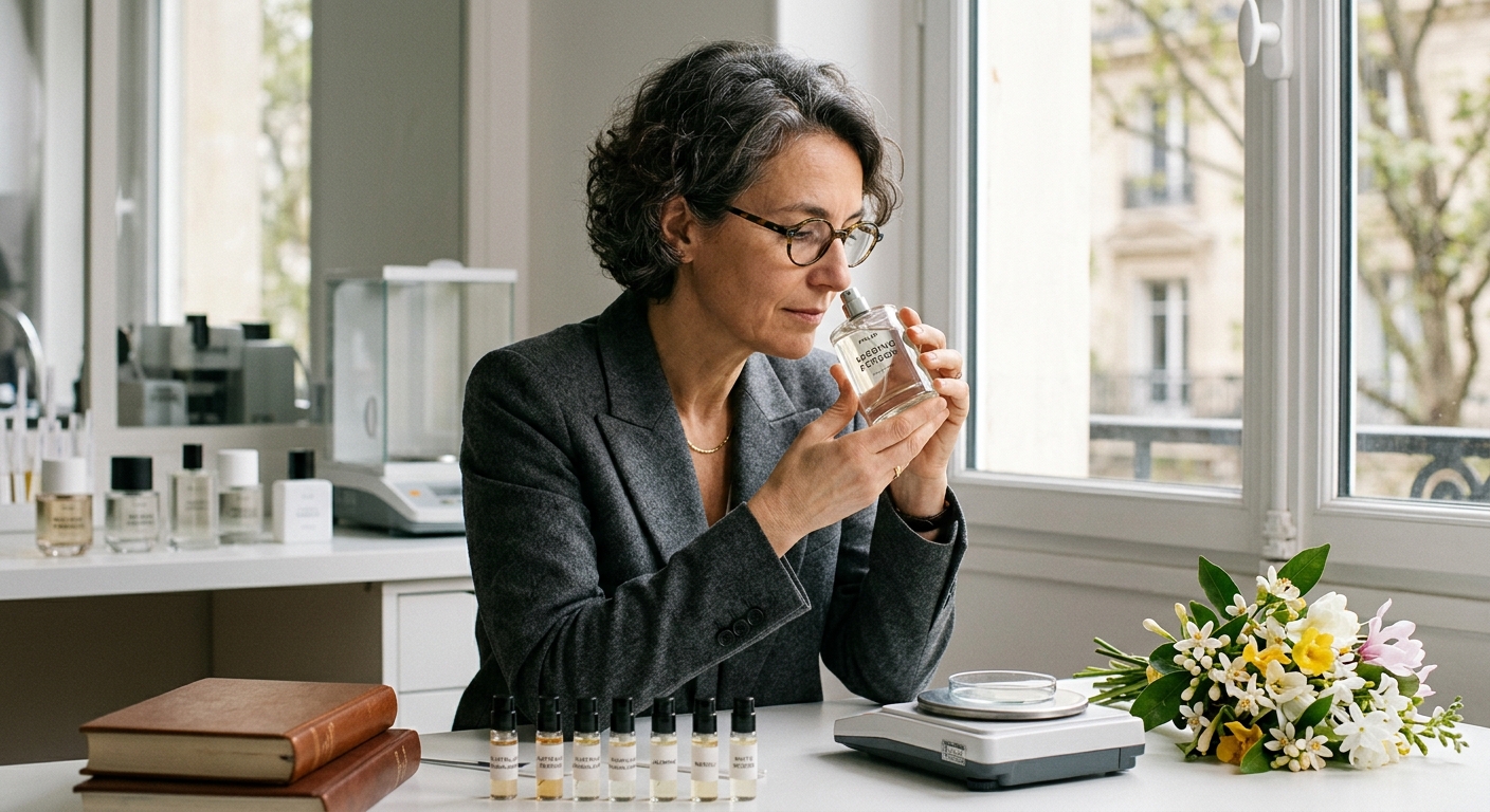 A woman in a lab smells a perfume bottle, with smaller vials and a scale nearby.