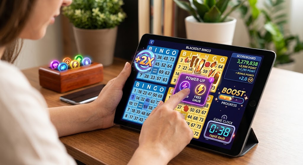 A player activates a Free Daub power-up on a tablet screen, boosting their point total in a Blackout Bingo match.