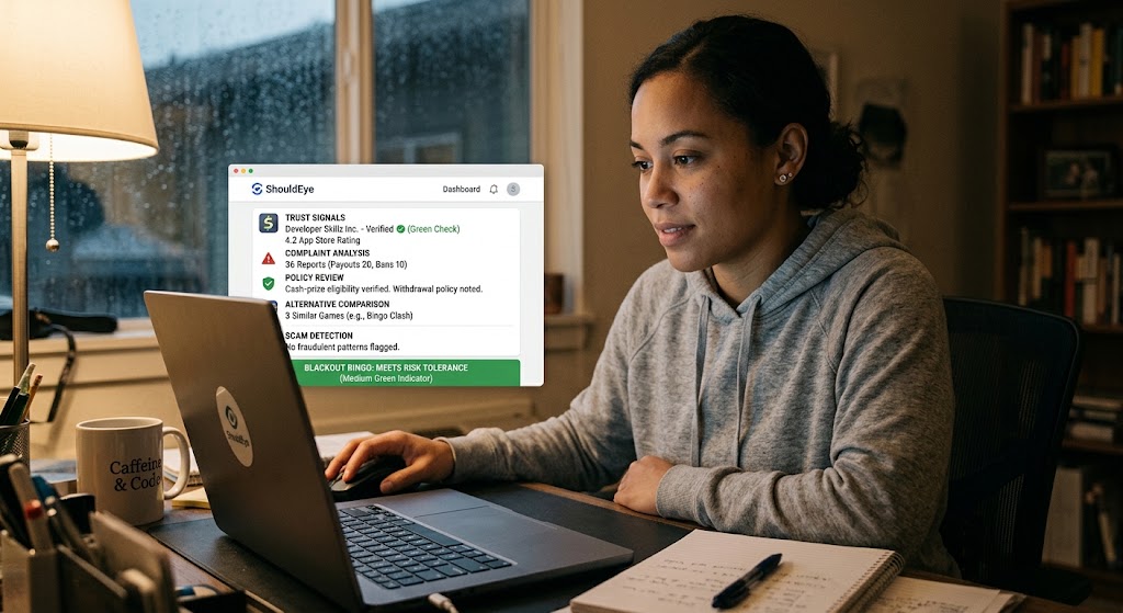 Woman at a laptop reviewing the ShouldEye dashboard with trust signals and safety metrics for Blackout Bingo.