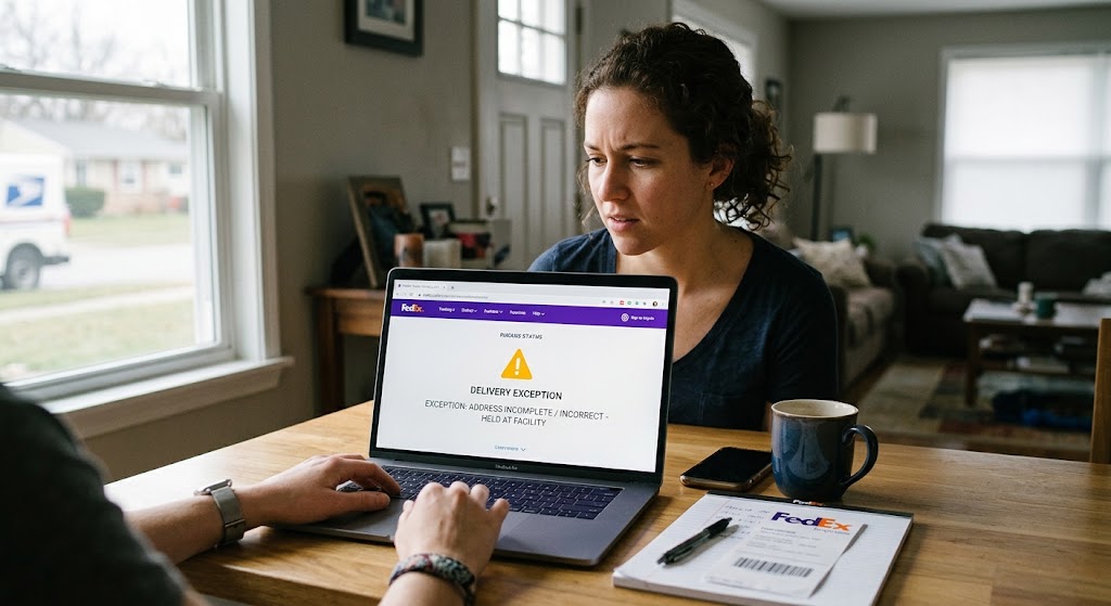 Woman looking at a laptop showing a yellow warning icon and FedEx delivery exception status message on a table.