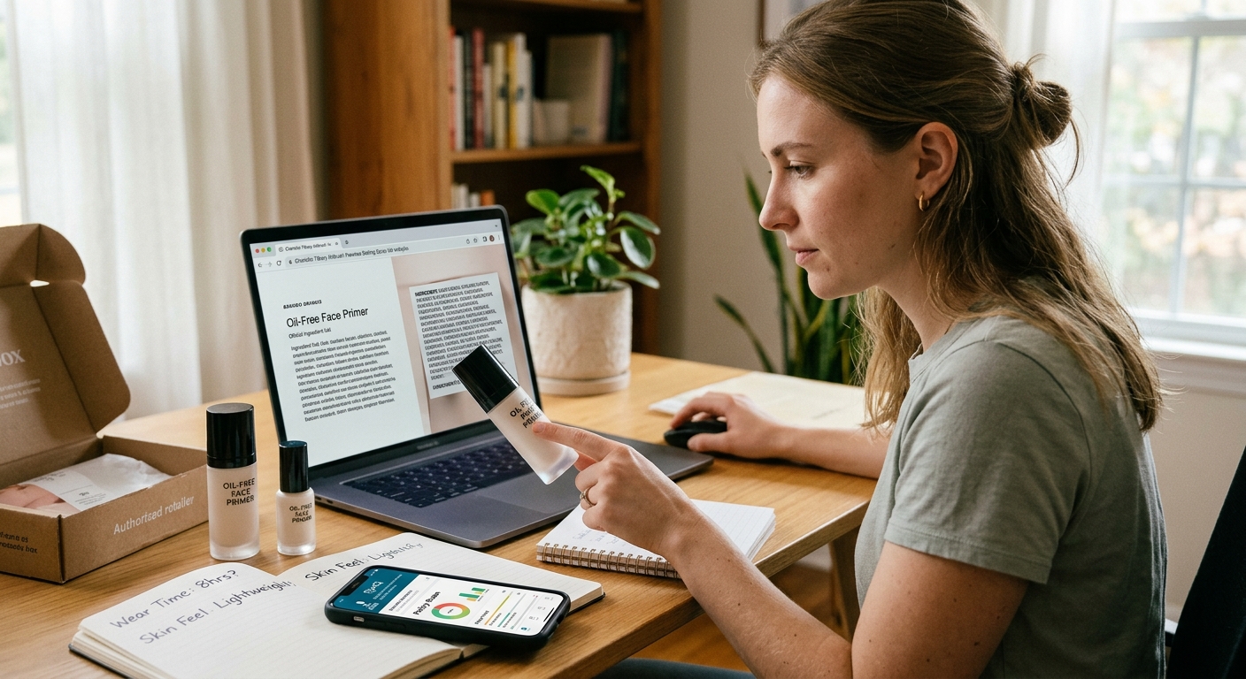 A young woman at a desk researching beauty products, holding an oil-free face primer bottle while looking at a laptop with a product website open, and taking notes.