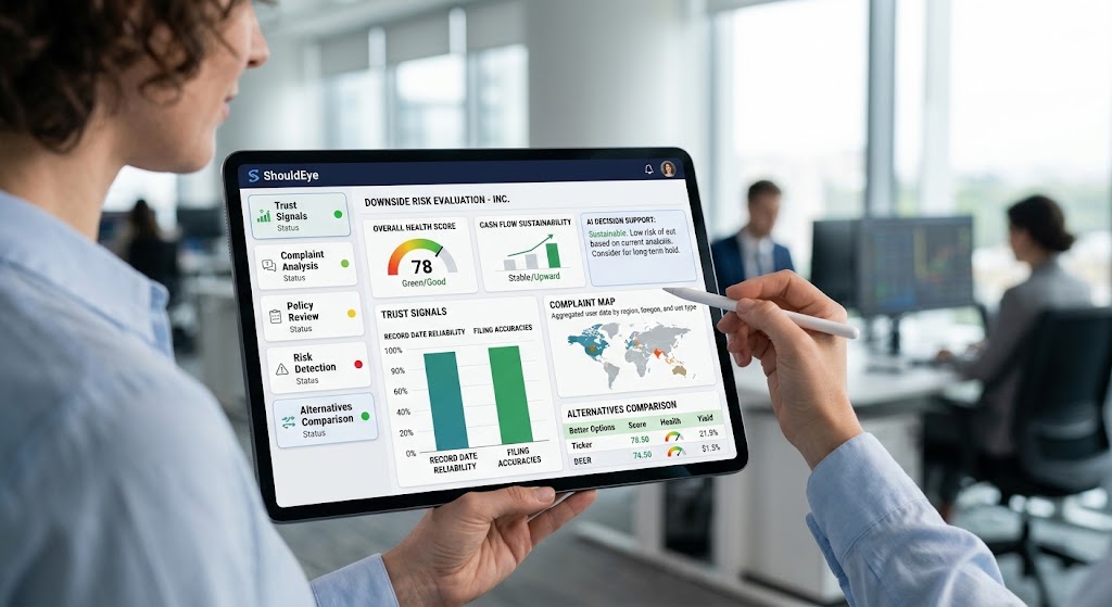 Tablet screen displaying the ShouldEye analytics platform analyzing stock dividend health, trust signals, and risks.