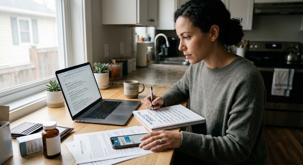 A woman sitting at a desk takes notes while verifying telehealth provider credentials and medical documents on a laptop.
