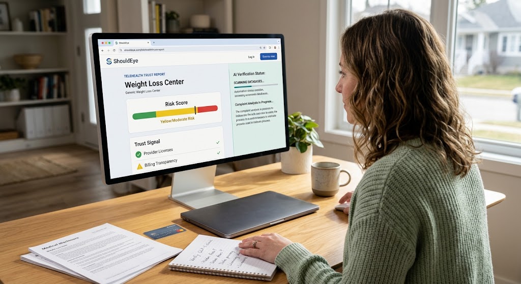 A user views a ShouldEye trust report on a computer screen to verify telehealth provider credentials and risk scores.