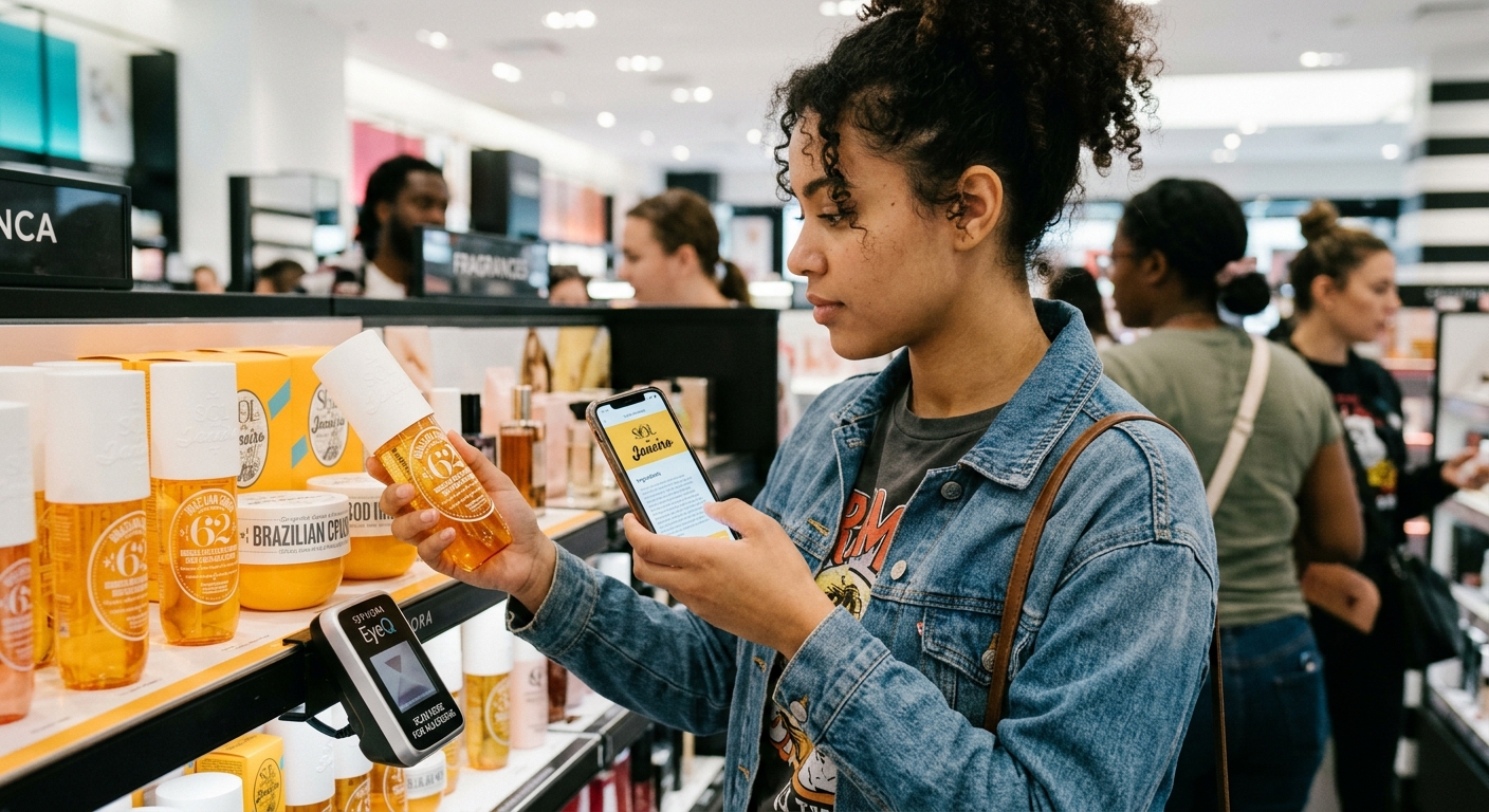 A person in a store holds a Sol de Janeiro Cheirosa 62 bottle and checks ingredients on their phone near an EyeQ scanner.