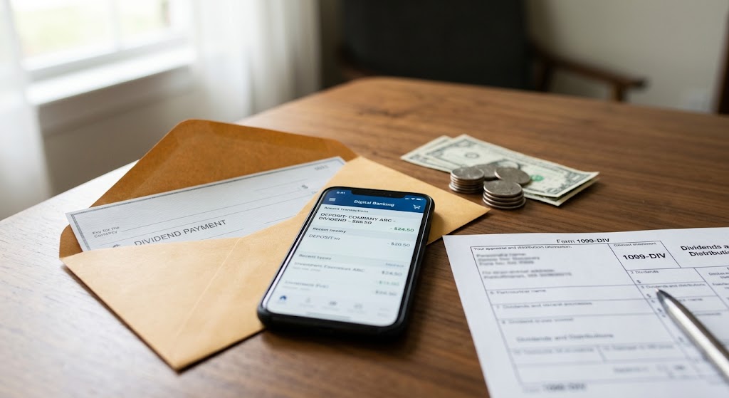 A smartphone showing a digital dividend deposit, an open envelope with a dividend check, cash, coins, and a 1099-DIV form.
