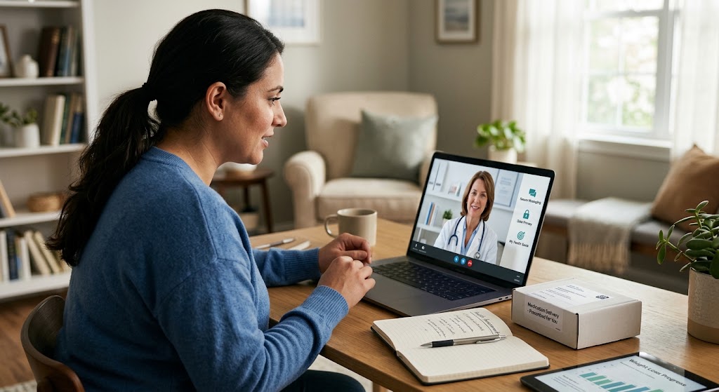 A patient talks to a doctor via laptop for a weight loss consultation; a medical package rests on the table.