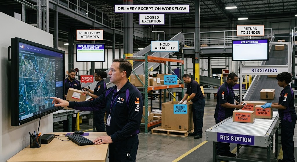 FedEx warehouse workers managing delivery exceptions across redelivery, facility holds, and return-to-sender stations.