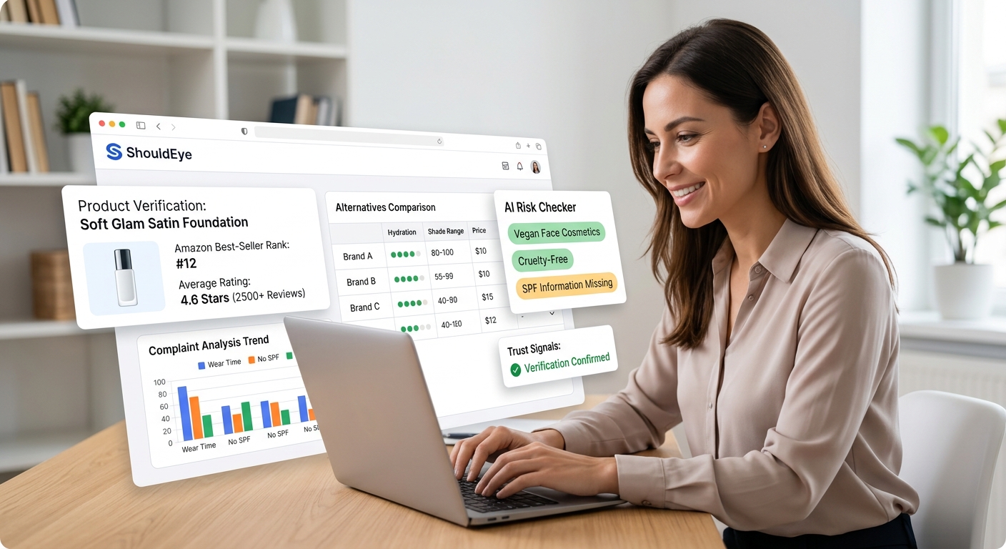 Woman on laptop reviewing ShouldEye product verification dashboard showing foundation ratings and risk checks.