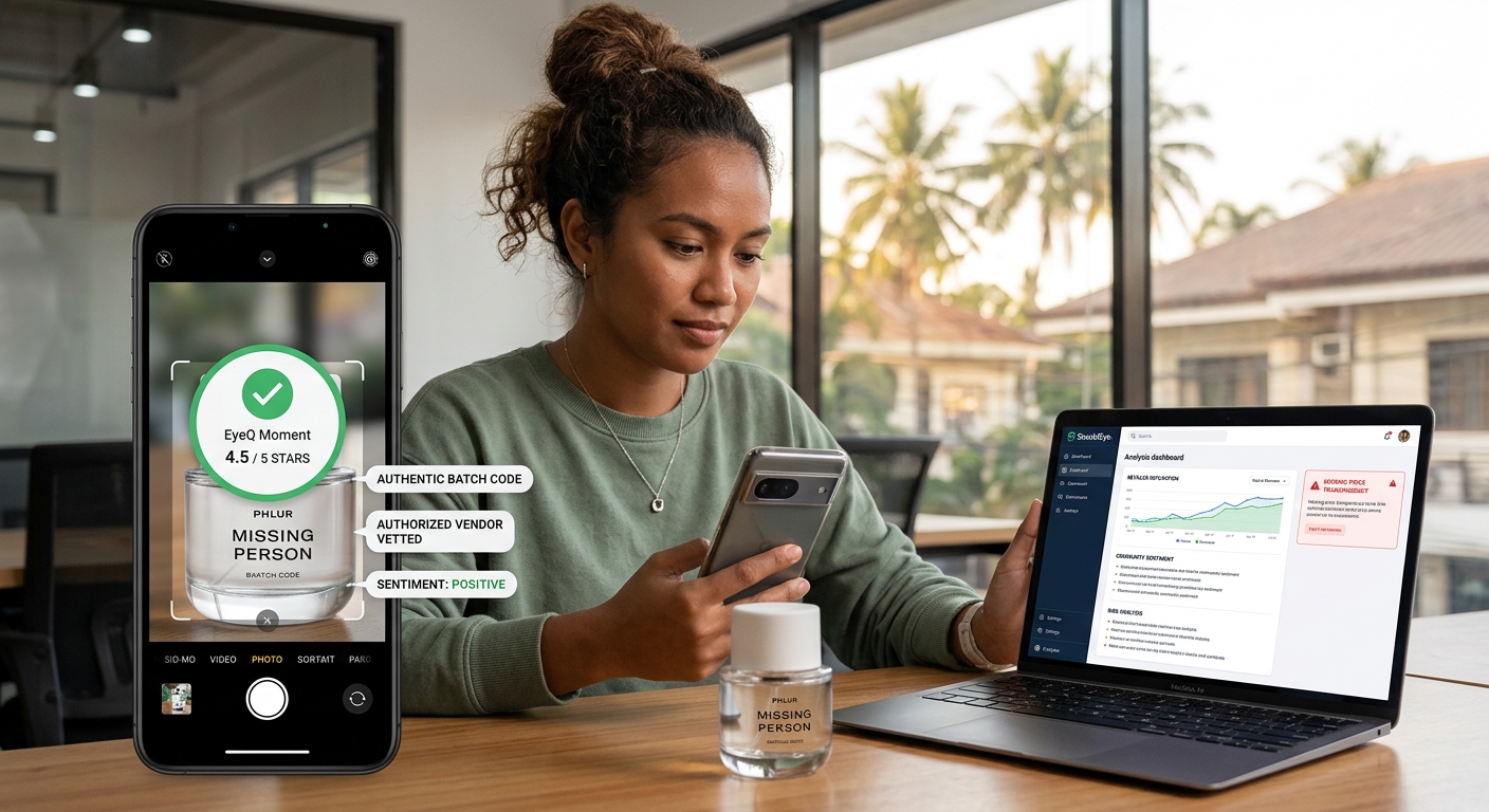 A woman uses an app and a dashboard to verify that a Phlur Missing Person perfume bottle is authentic.