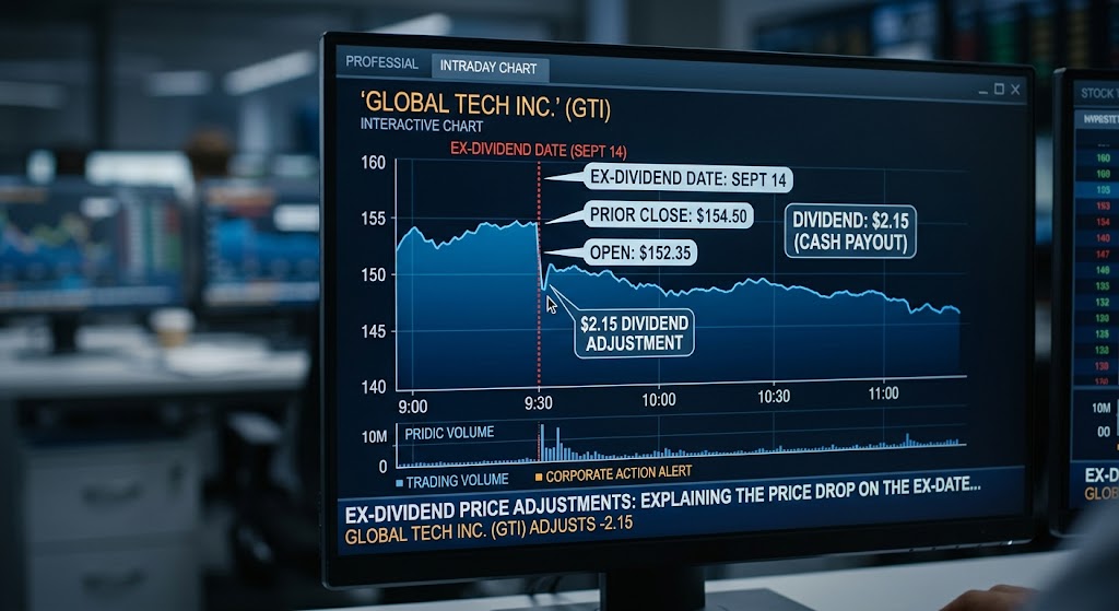Stock chart display showing an ex-dividend date price drop equal to a $2.15 cash payout adjustment on market open.