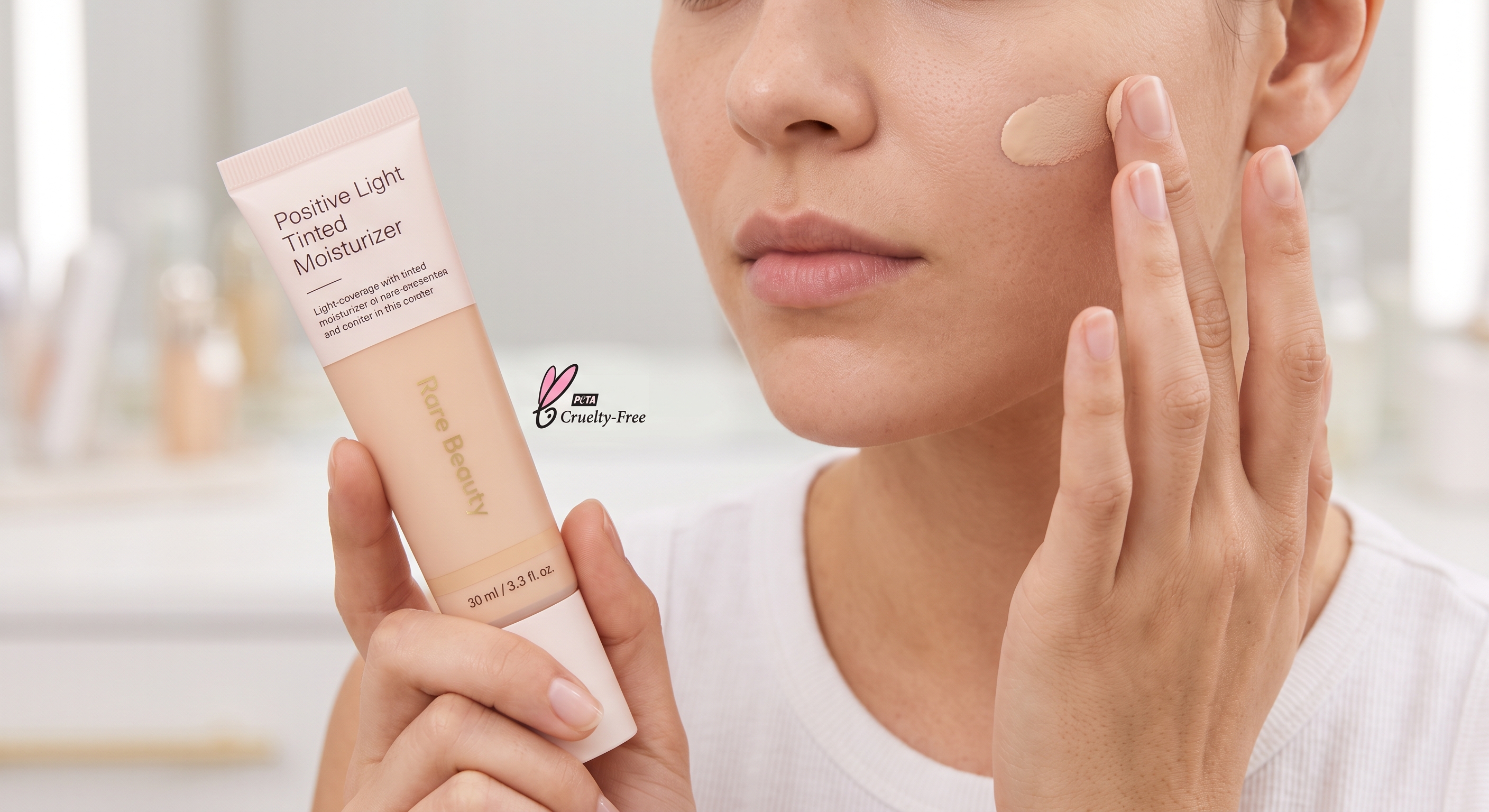 A woman holds a Rare Beauty Positive Light Tinted Moisturizer tube while applying a product swatch to her cheek.