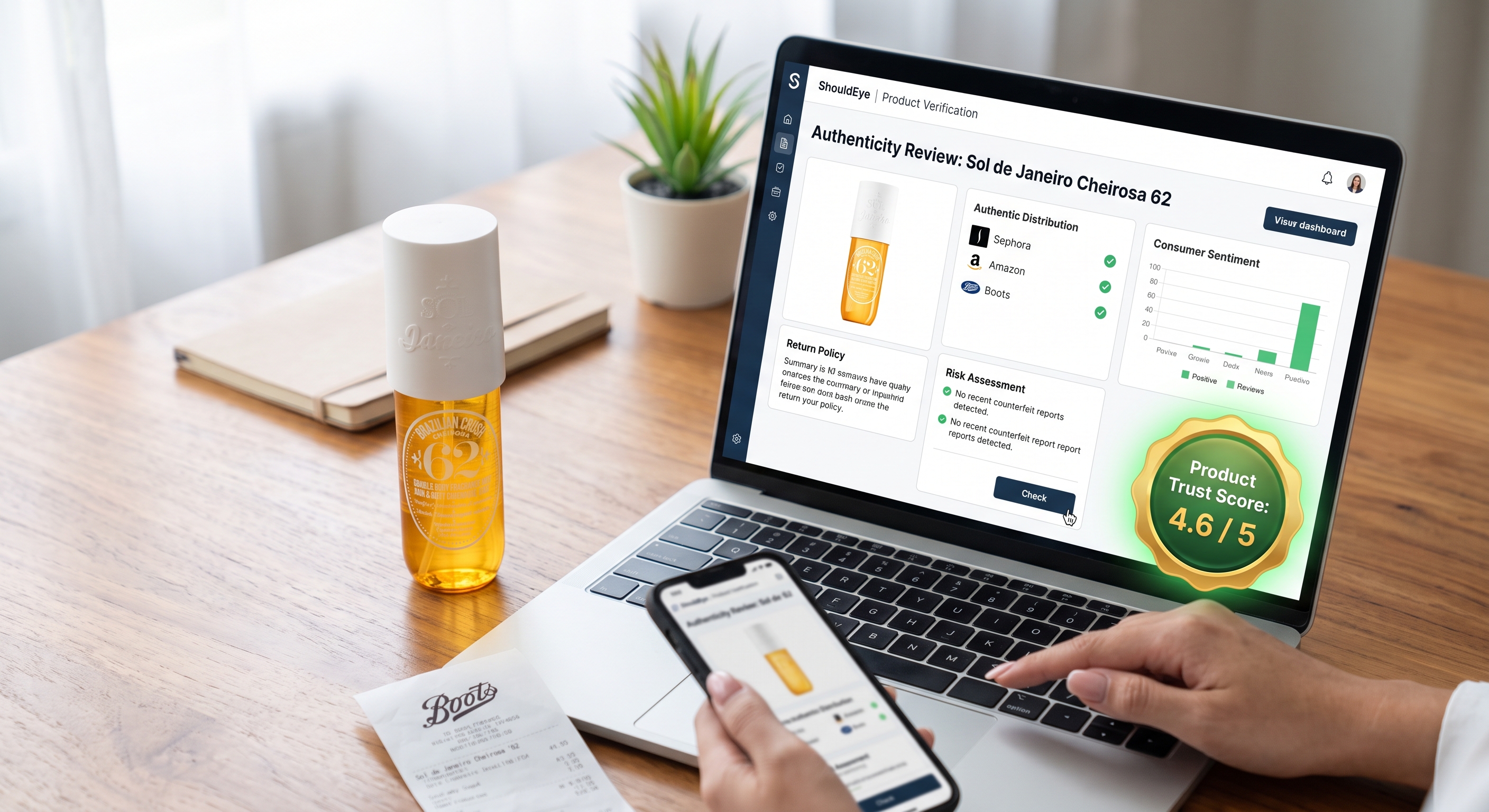 Laptop displaying ShouldEye authenticity review dashboard for Cheirosa 62 perfume mist next to bottle and receipt.
