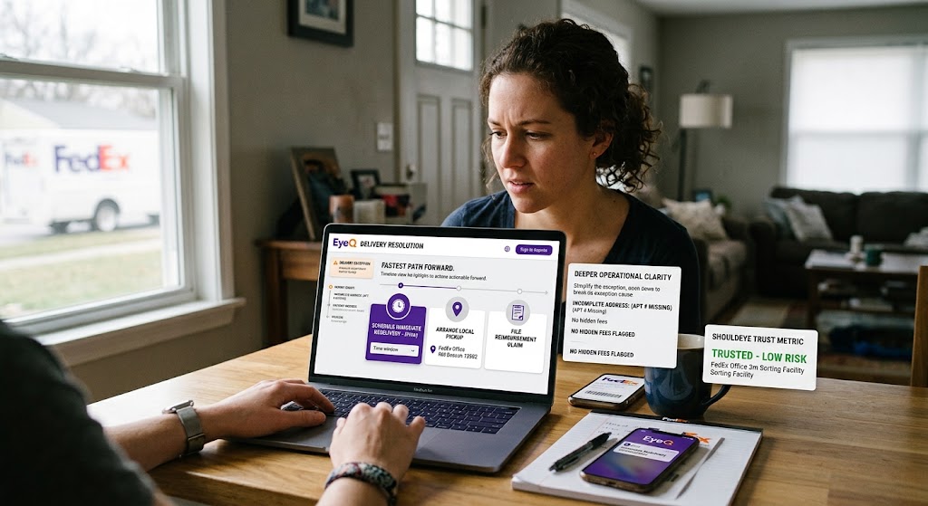 User using EyeQ delivery resolution software on a laptop to analyze and fix a FedEx delivery exception status.