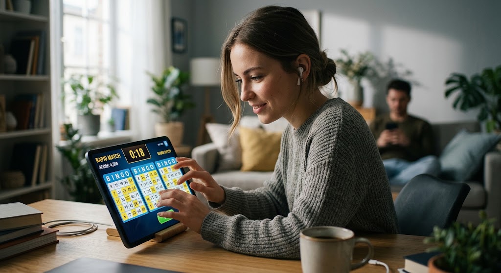 A focused woman rapidly taps a digital bingo card on her tablet during a fast-paced two-minute online skill match.
