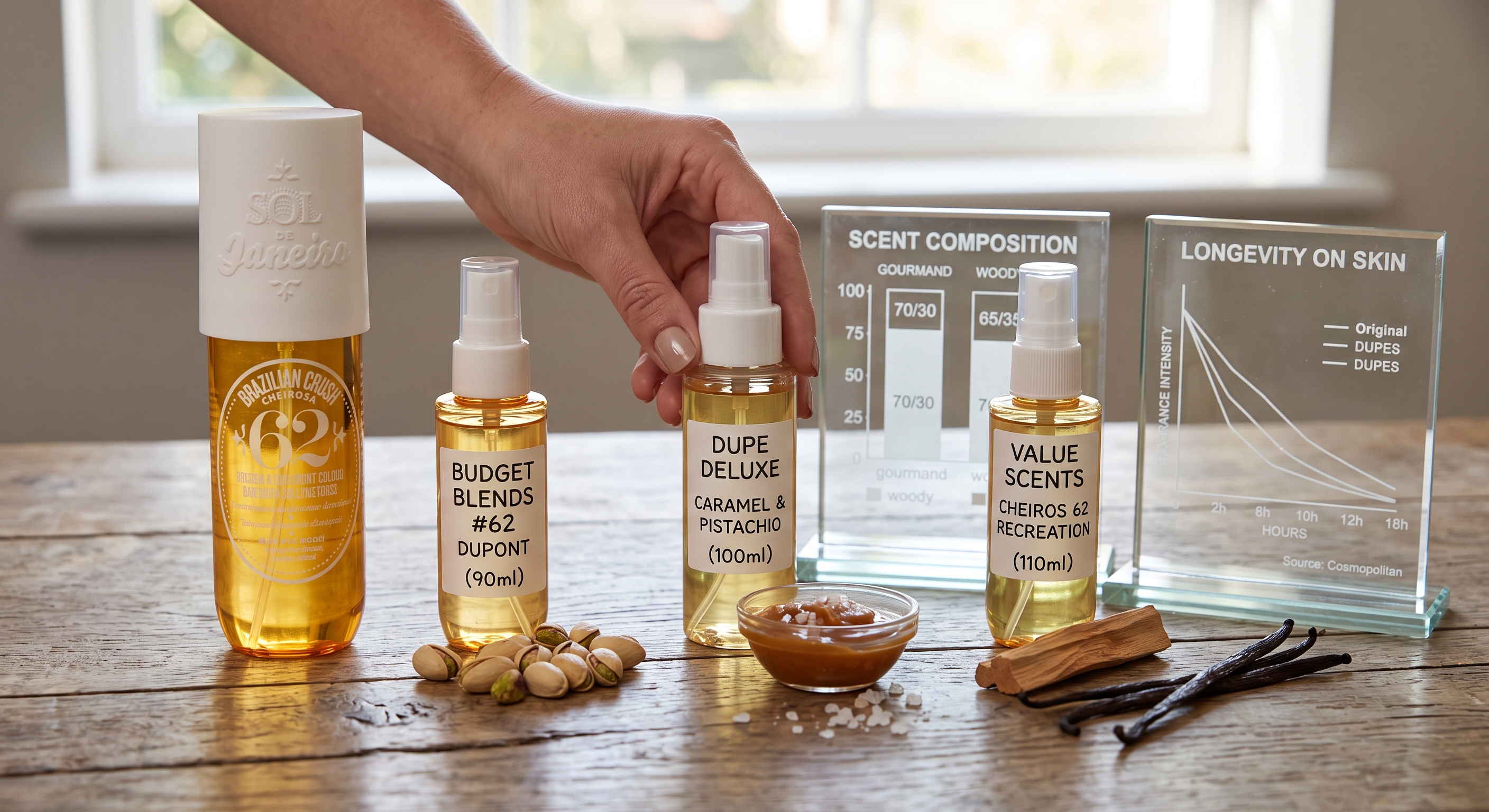 Sol de Janeiro mist next to affordable body spray dupes, pistachios, caramel, and scent longevity comparison charts.