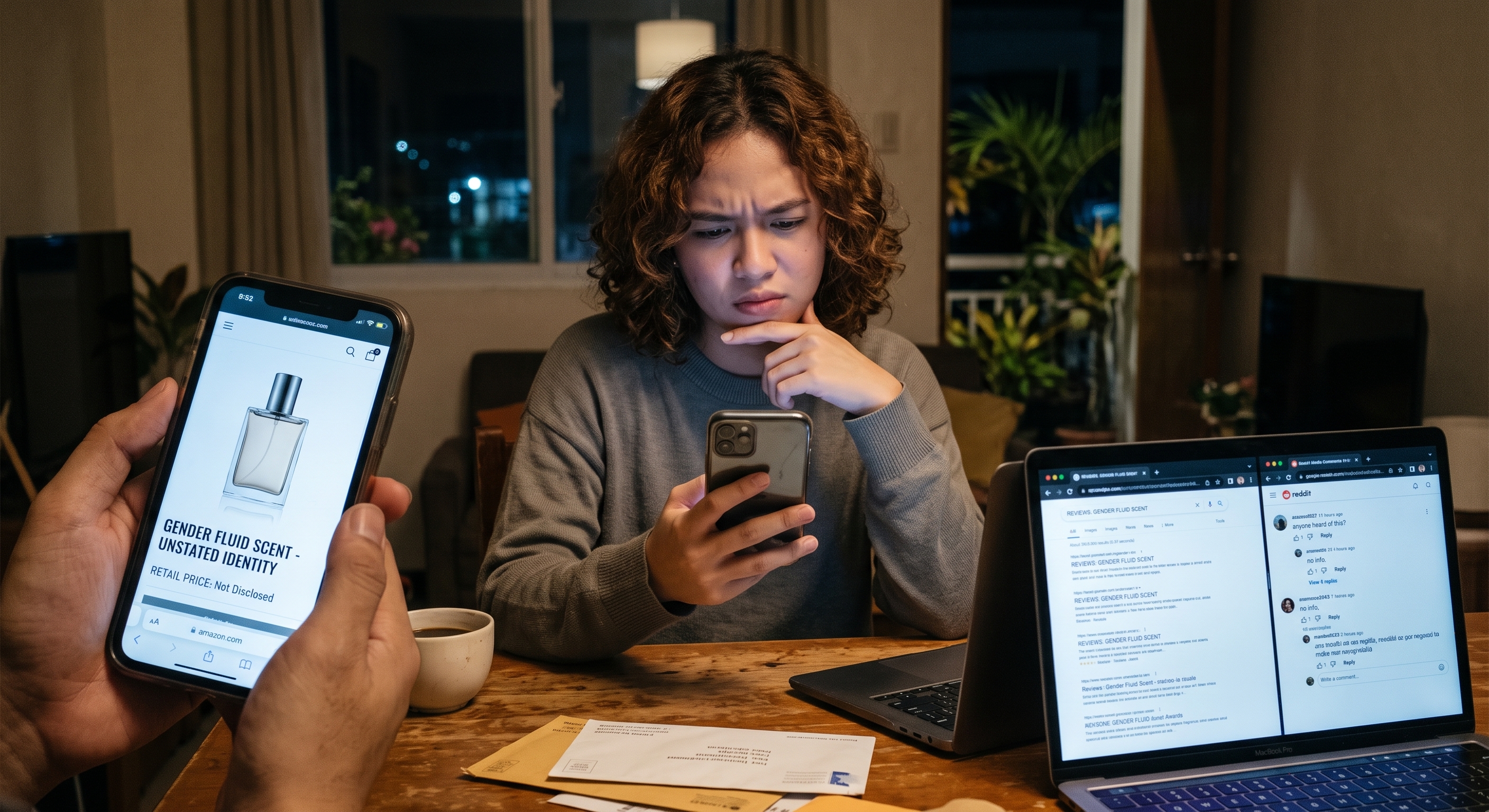 A woman at a table with a phone and laptops shows confusion over a vague listing for 'GENDER FLUID SCENT' with no price.
