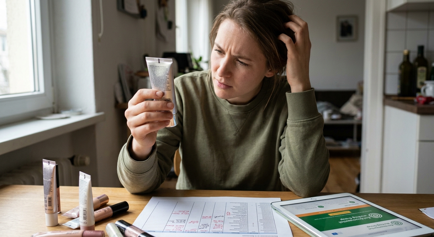 Woman with a confused expression sits at a table, inspecting a cosmetics tube's label next to a tablet and paperwork.
