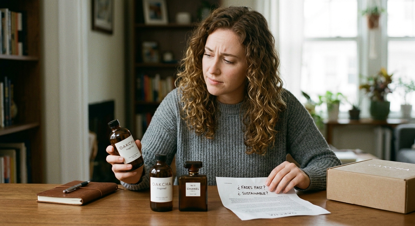 Woman sitting at a table with a skeptical expression, reviewing fragrance bottles and notes on perfume longevity.