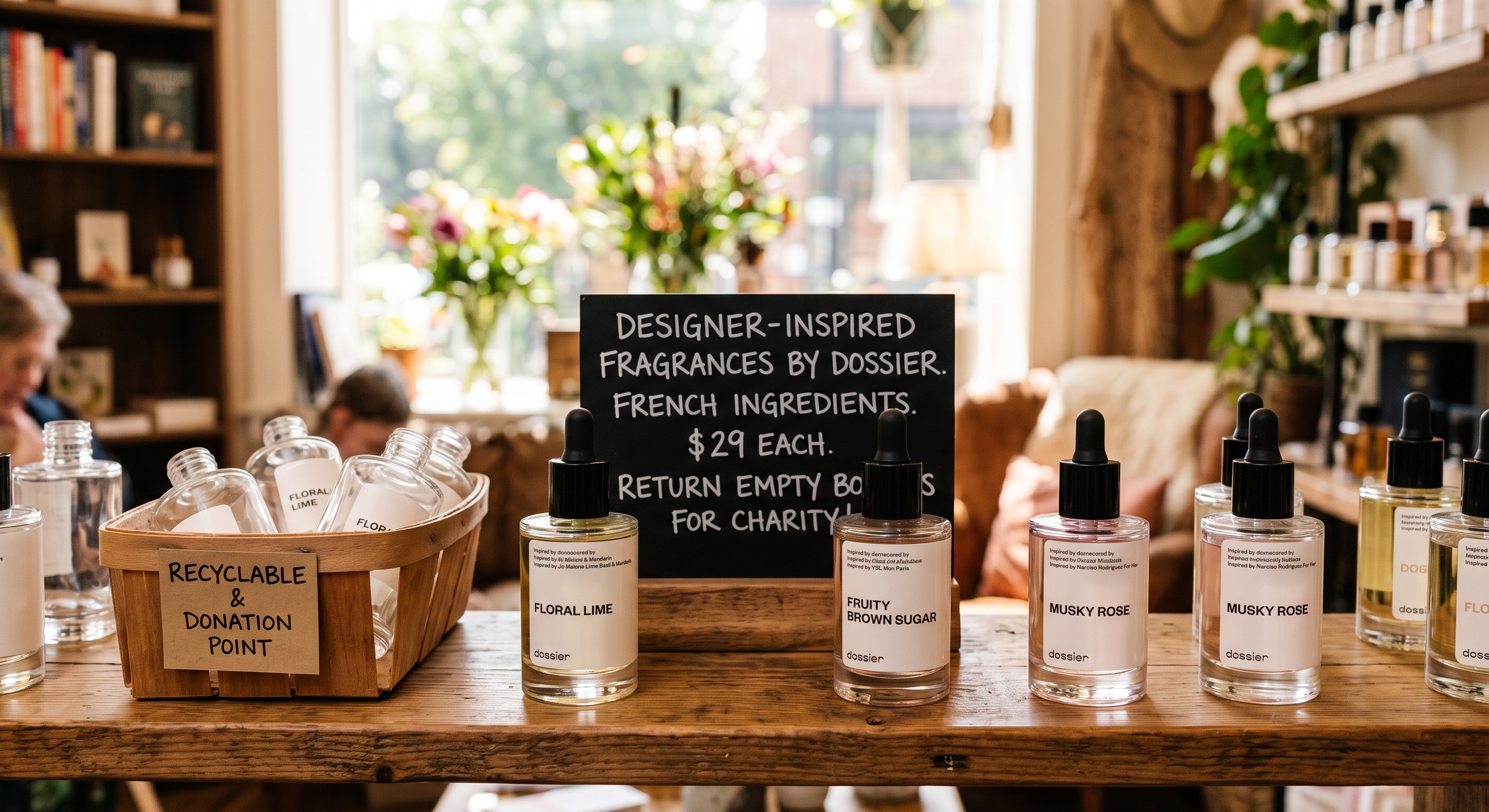 Dossier perfume bottles lined up on a wooden counter next to a recycling basket and a sign highlighting key features.