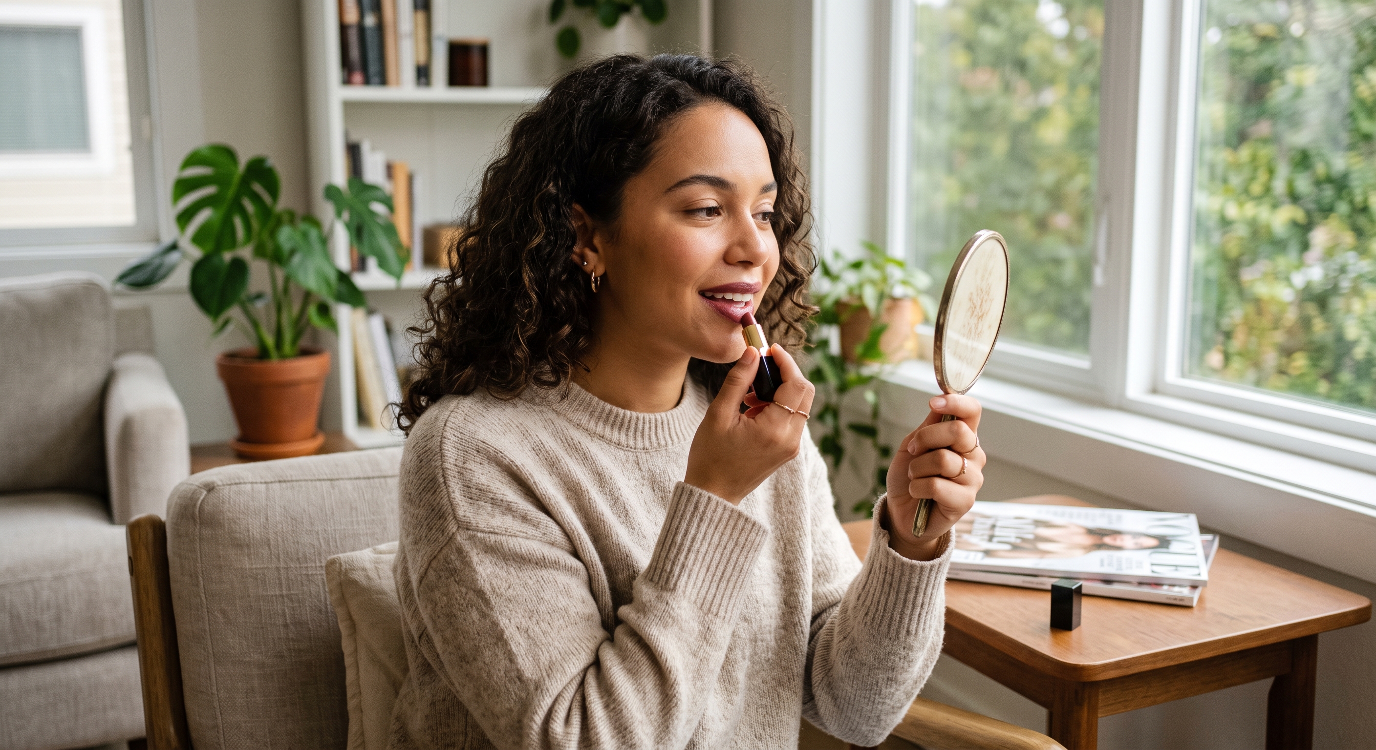 A woman with curly hair applies dark lipstick in a handheld mirror while sitting in a bright room.