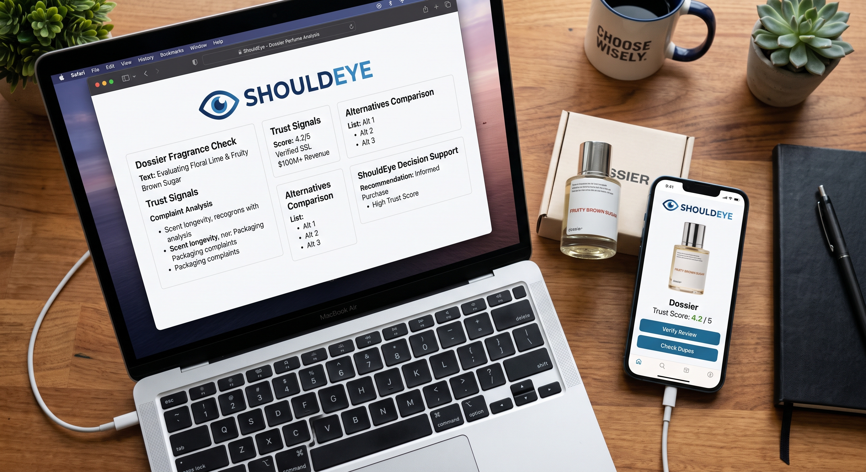 MacBook and iPhone displaying ShouldEye perfume reviews for Dossier on a wooden desk.