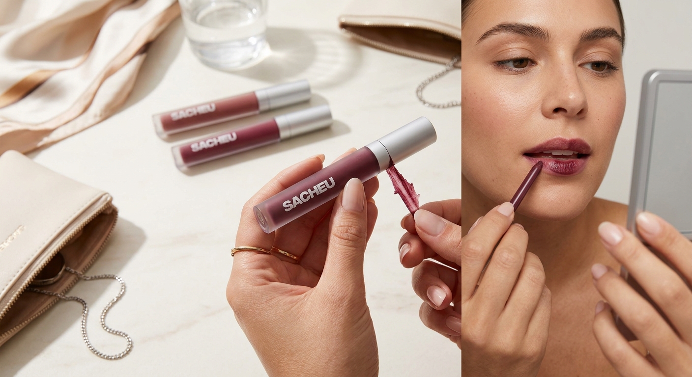 Sacheu lip liner product showcase alongside a woman applying the peel-off lip stain while looking into a compact mirror.