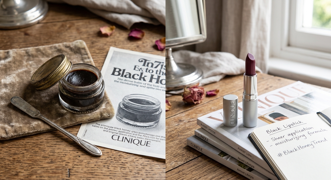Split image comparing vintage 1971 Clinique Black Honey glass pot to modern Almost Lipstick tube beside a trendy notebook.