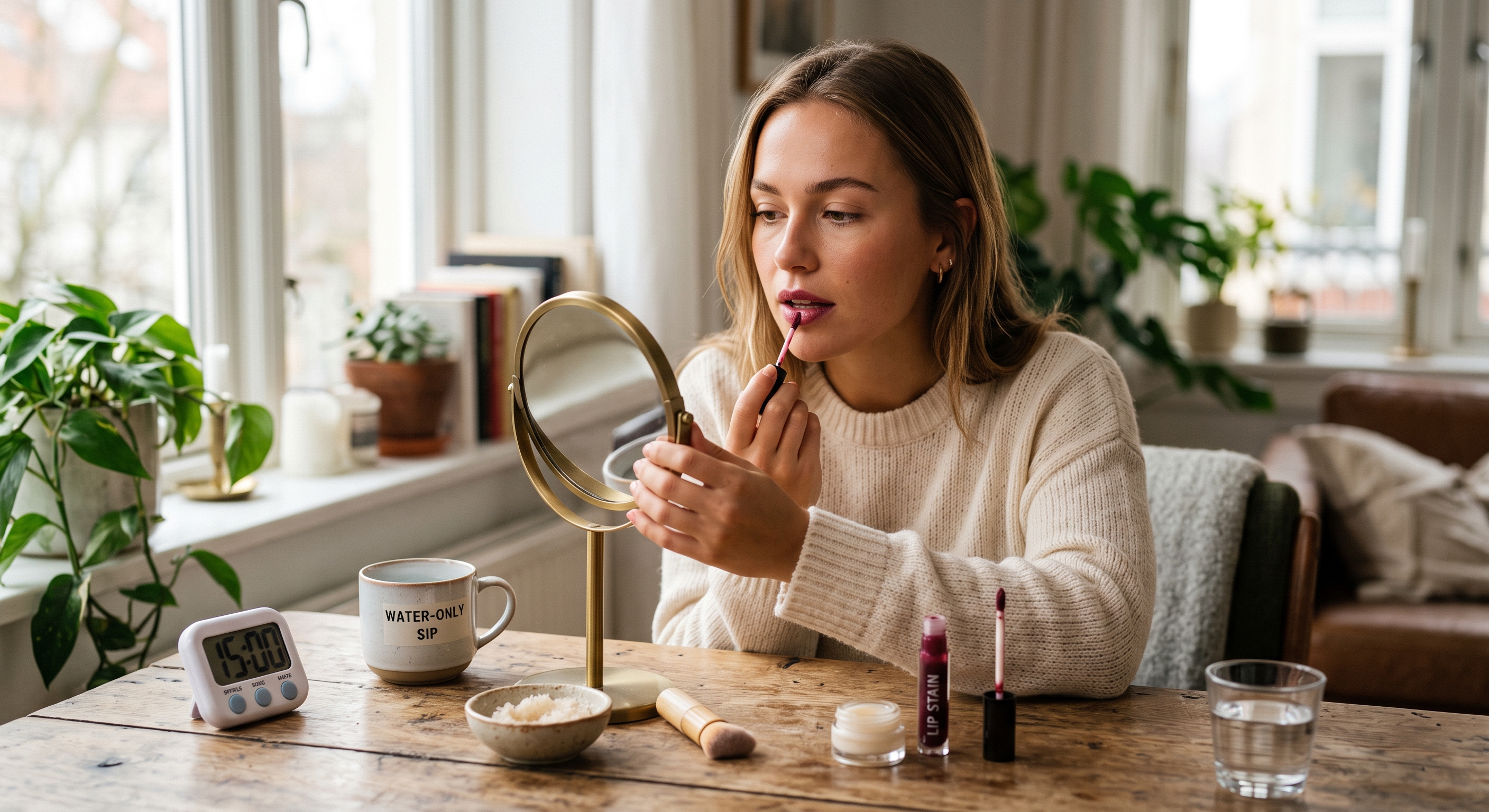 A woman applies lip stain while sitting at a table with a mirror, timer, scrub, and mug.