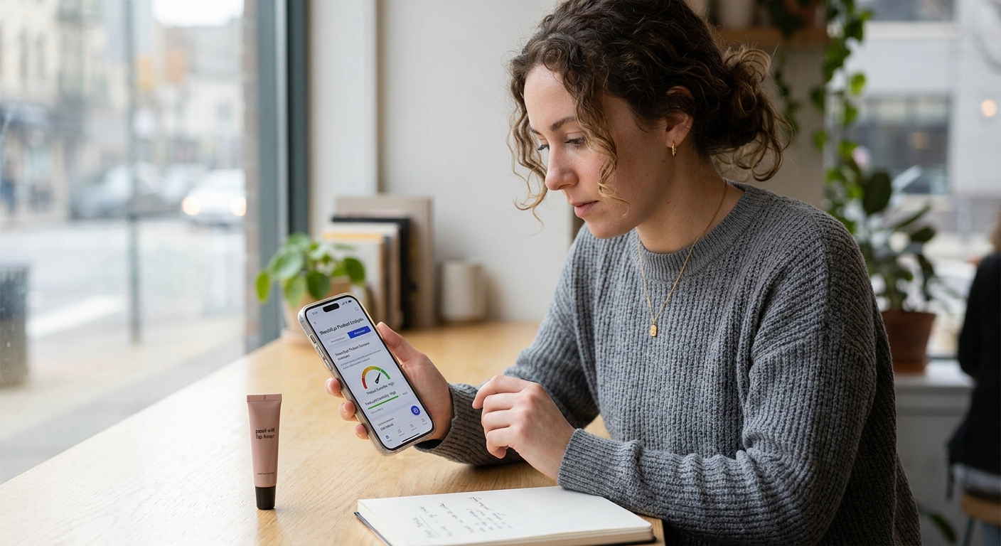 Woman at a café holding a smartphone displaying product review metrics next to a notebook and a peel-off lip liner tube.