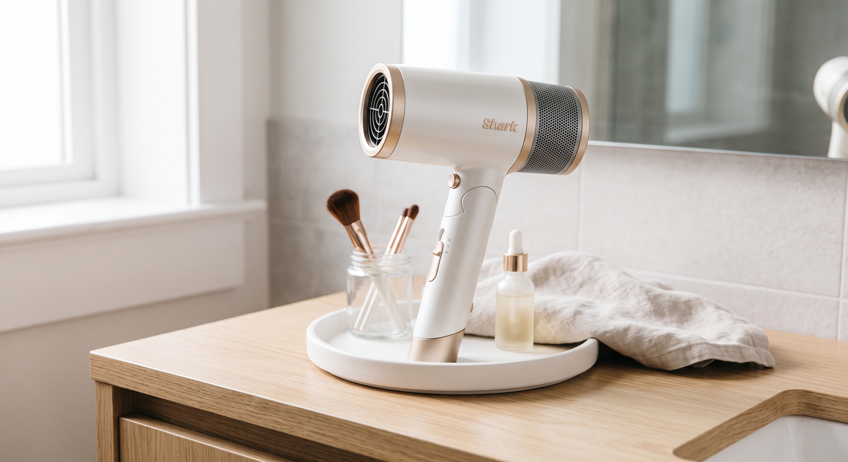 Shark SpeedStyle Pro hair dryer in satin white with champagne gold accents sitting on a modern bathroom vanity tray.