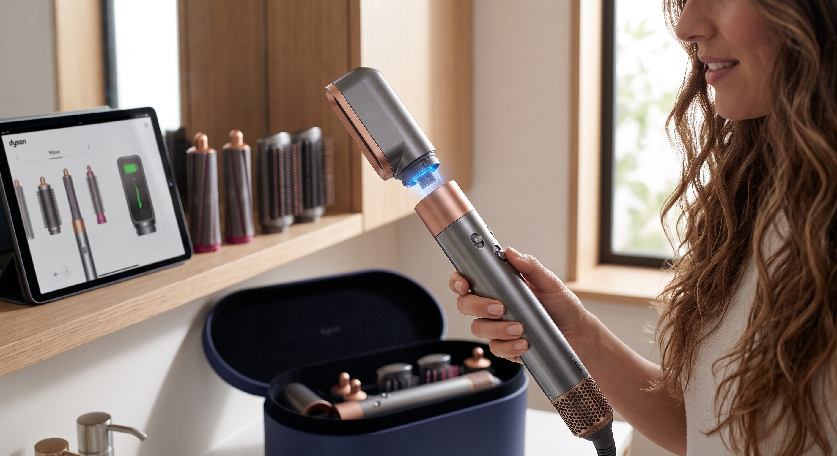 A woman holding a Dyson Airwrap styler in front of a mirror, with a blue glowing attachment and a tablet in the background.