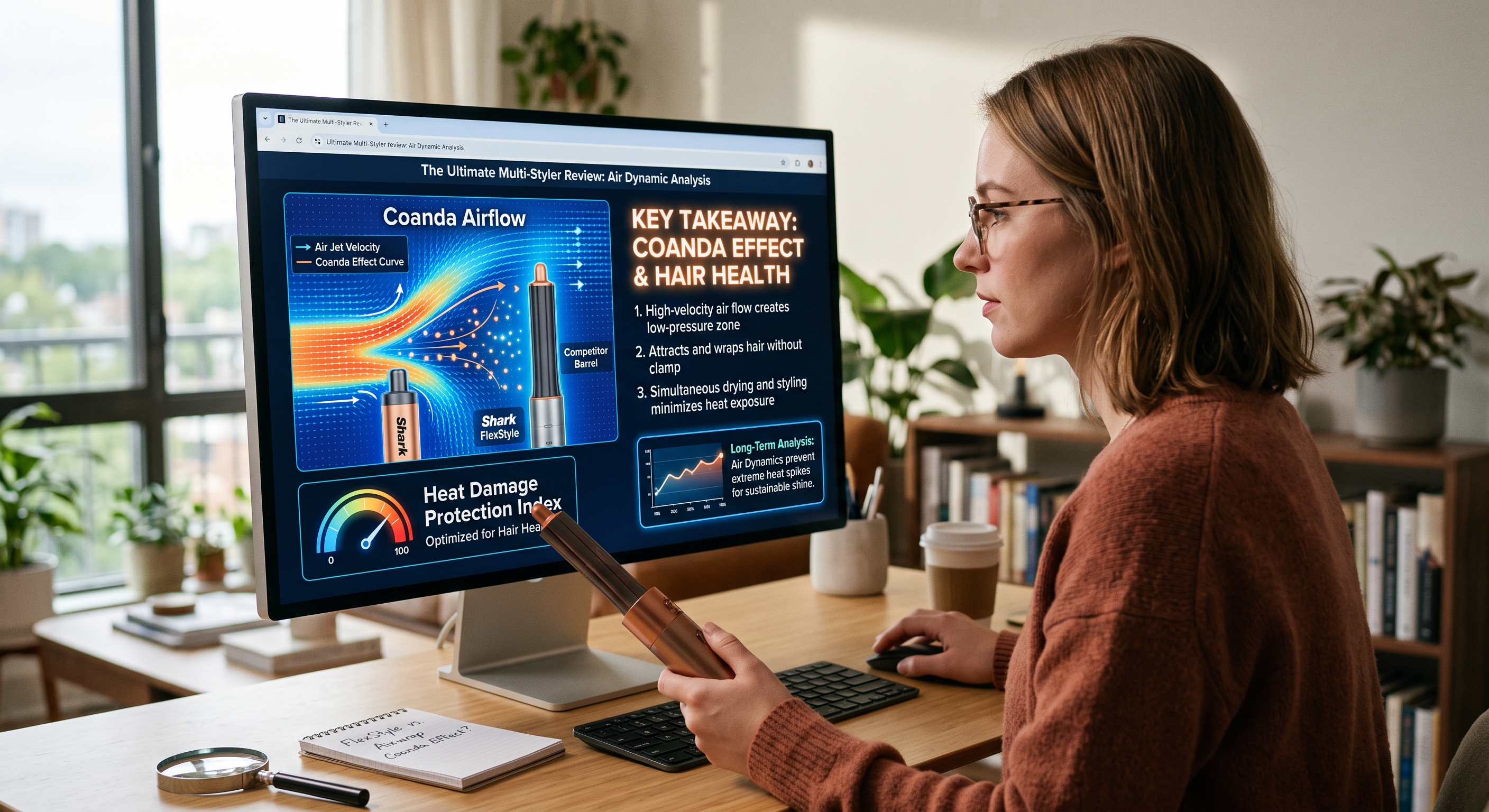 A woman at a desk analyzes Coanda airflow diagrams and heat protection specs for the Shark FlexStyle on a monitor.